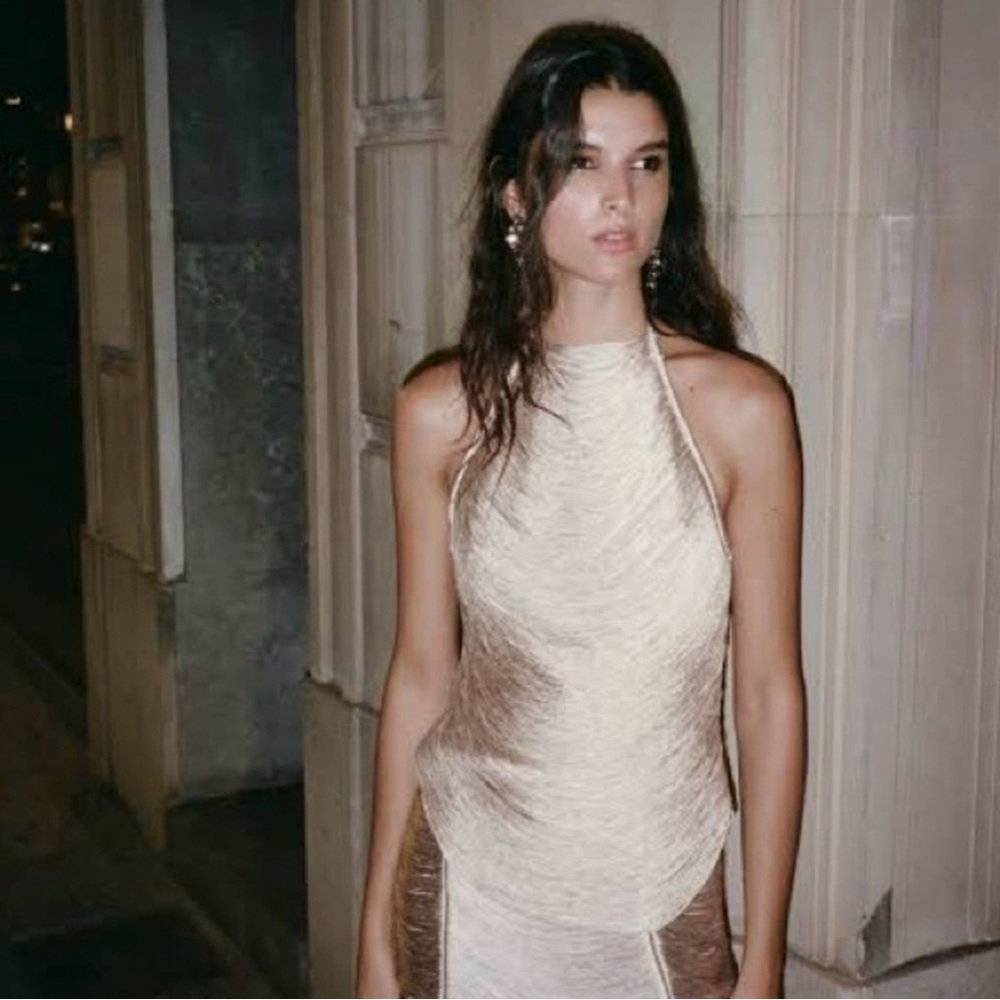 Zara Champagne fringed halter top XS nwt